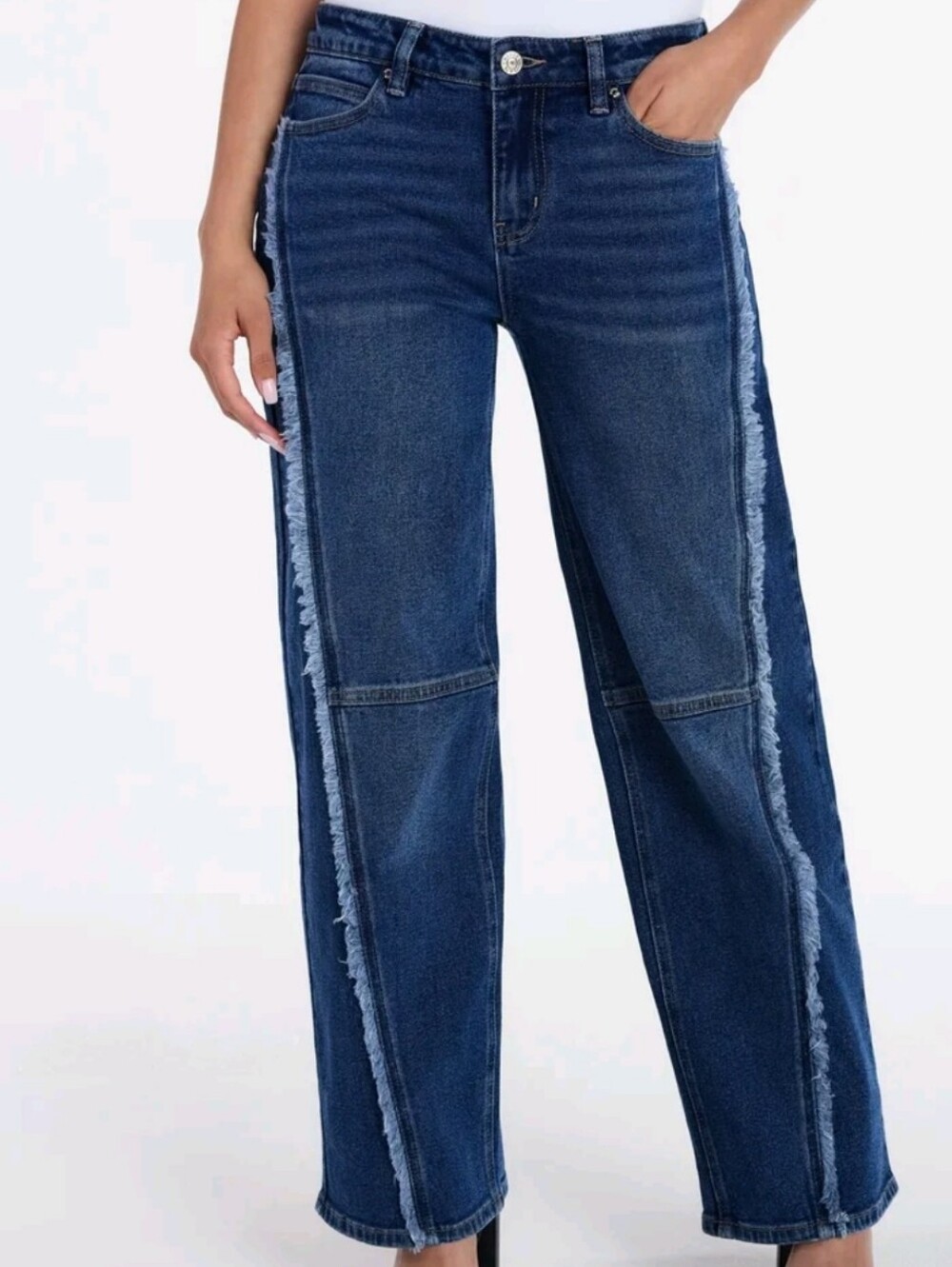 Trendy Dark Wash Wide-Leg Jeans with Frayed Side Trim